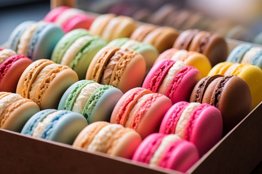 A box of colourful French macarons in pastel shades including pink, mint green, yellow, blue and caramel, arranged in neat rows