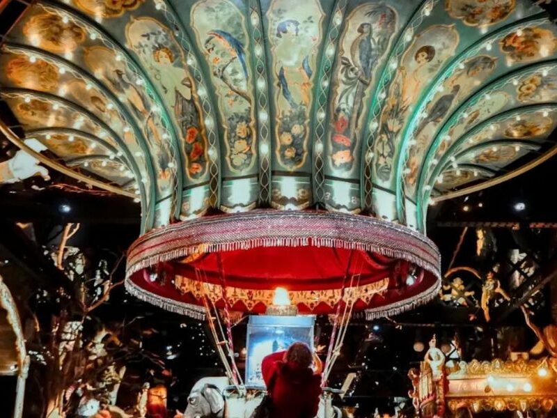 This is an image of a beautiful lit up amusement park ride and a lady taking a photo in front of it.