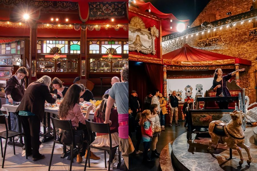 A split image showing a lively Belle Époque-style restaurant on the left and a theatrical cabaret-style performance space on the right