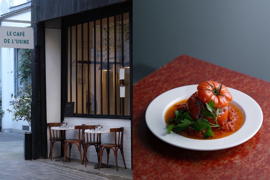 This is an image of a trendy restaurant with seating outside, as well as a tomato dish.