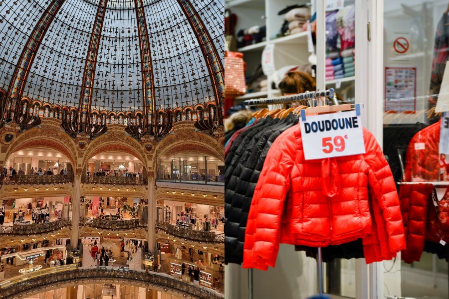 he ornate gilded interior of Galeries Lafayette on the left, and a rail of red puffer jackets labelled "Doudoune 59€" in a Paris sale on the right.