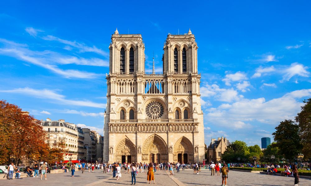 This is an image of Notre Dame Cathedral with a few people milling around out the front.