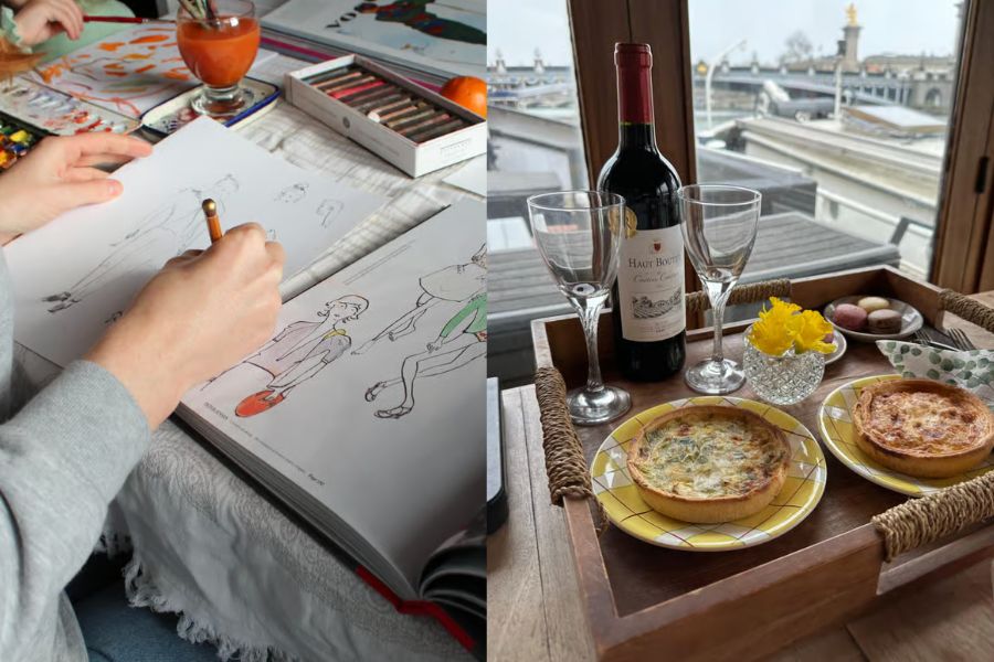 A split image — on the left, hands sketching fashion illustrations in a sketchbook with coloured pencils and art supplies; on the right, two individual quiches served on yellow plates on a wooden tray with a bottle of red wine and wine glasses, with a Parisian rooftop view through a window.