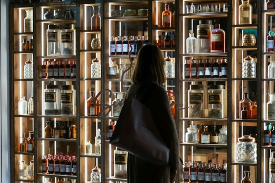 A woman seen from behind, silhouetted against a dramatically backlit wooden shelving wall filled with rows of glass bottles, apothecary jars, and perfume vials of various shapes and sizes.