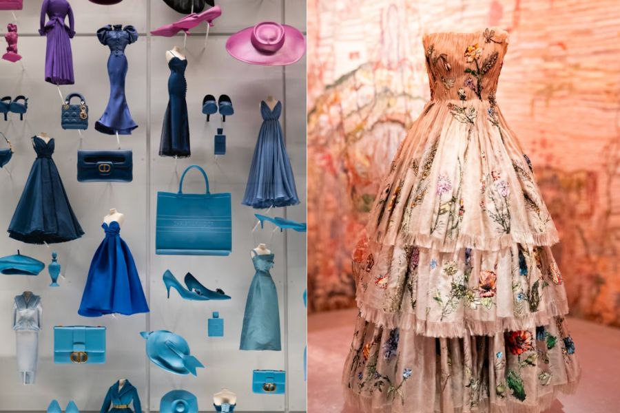 A split image showing a Dior fashion exhibition — on the left, miniature Dior pieces including blue and purple gowns, handbags, and accessories mounted on a white display wall; on the right, an elaborate floral-embroidered tiered ball gown displayed against a warm pink background.