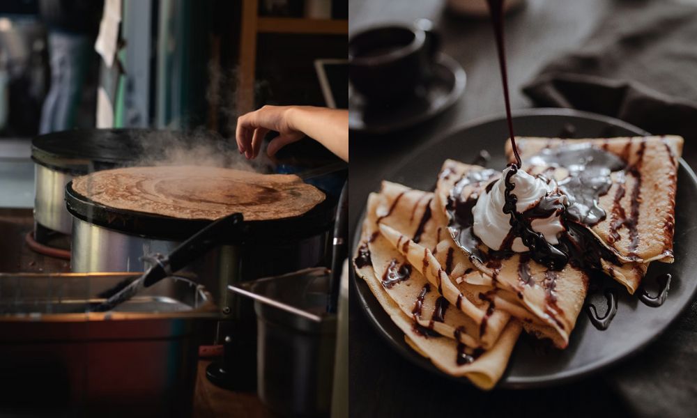 This is an image of someone cooking crepes on a grill. To the right is the final product where three crepes are folded up on a plate with cream and chocolate sauce.