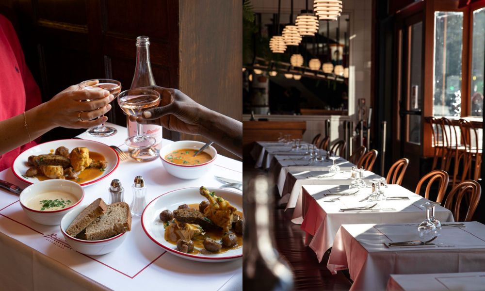 This is an image of a table full of food and wine, as well as the interior of the restaurant with carefully-lined tables and chairs.