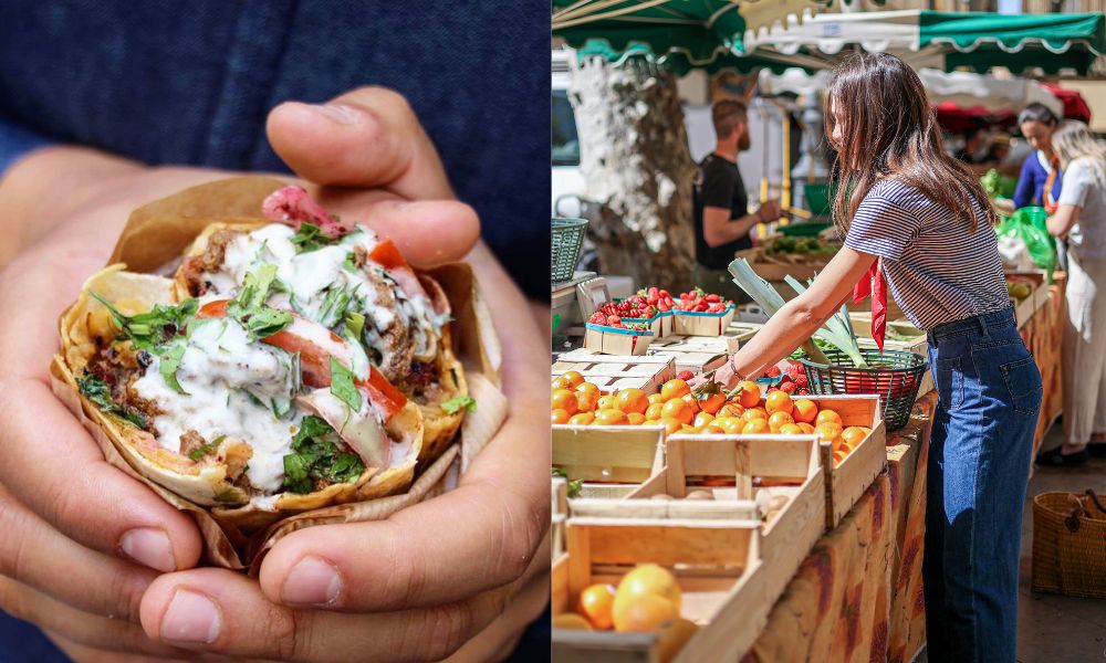 This is an image of a falafel wrap. To the right, there is also an image of a girl picking tomatoes from a market stallholder.