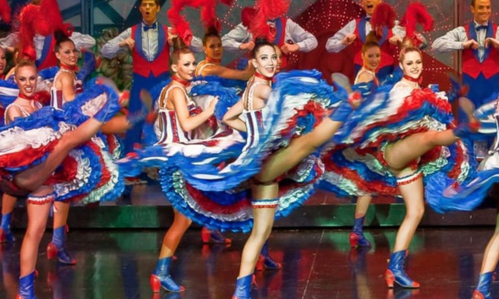 This is an image of the Moulin Rouge dancers on stage.