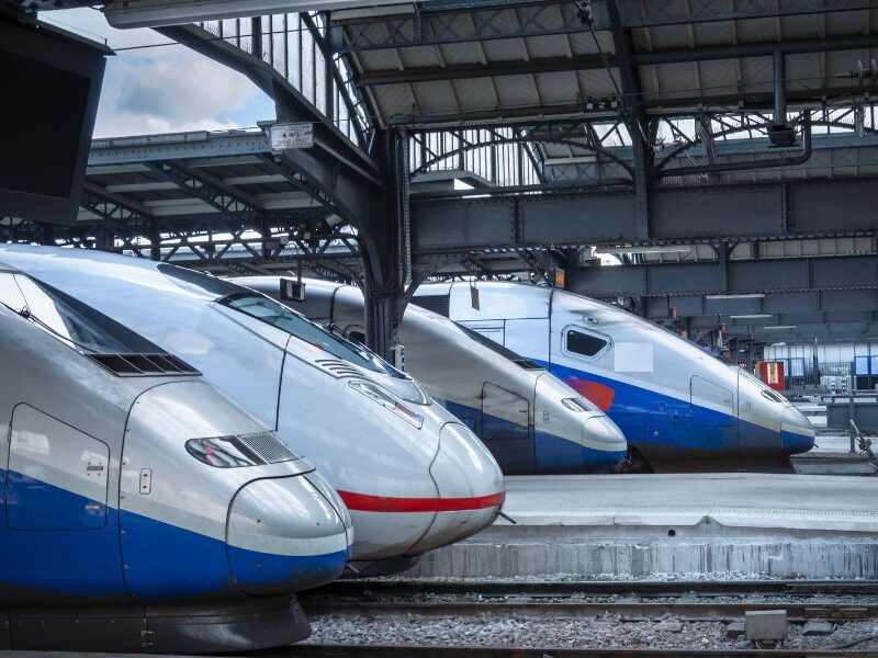 This is an image of a bunch of high-speed trains parked at a Paris train station.