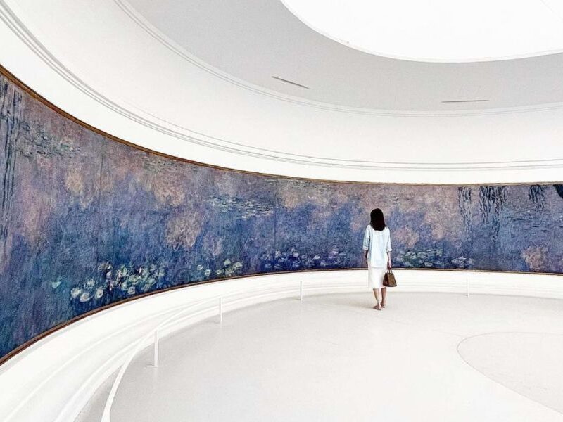 This is an image of Orangerie Museum where Monet's flower painting is on a curved canvas that crosses almost 360 degrees around a room.