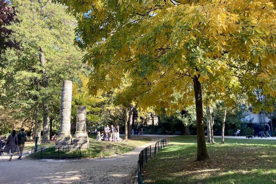 This is an image of a park with plenty of yellow leaves and paths. You can also see a ray of sun coming through the foliage brightening up the paths.
