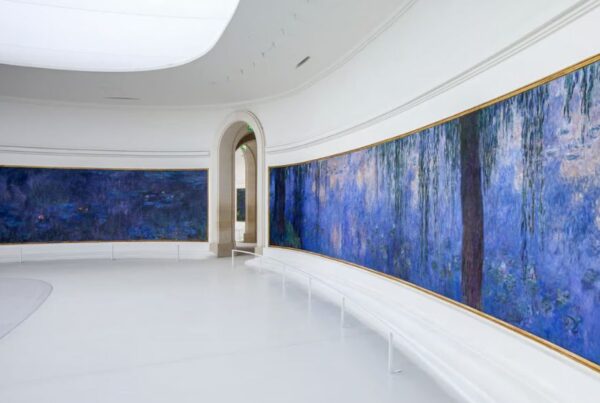 This is an image of a museum room with paintings of Monet's lillies all around the room.