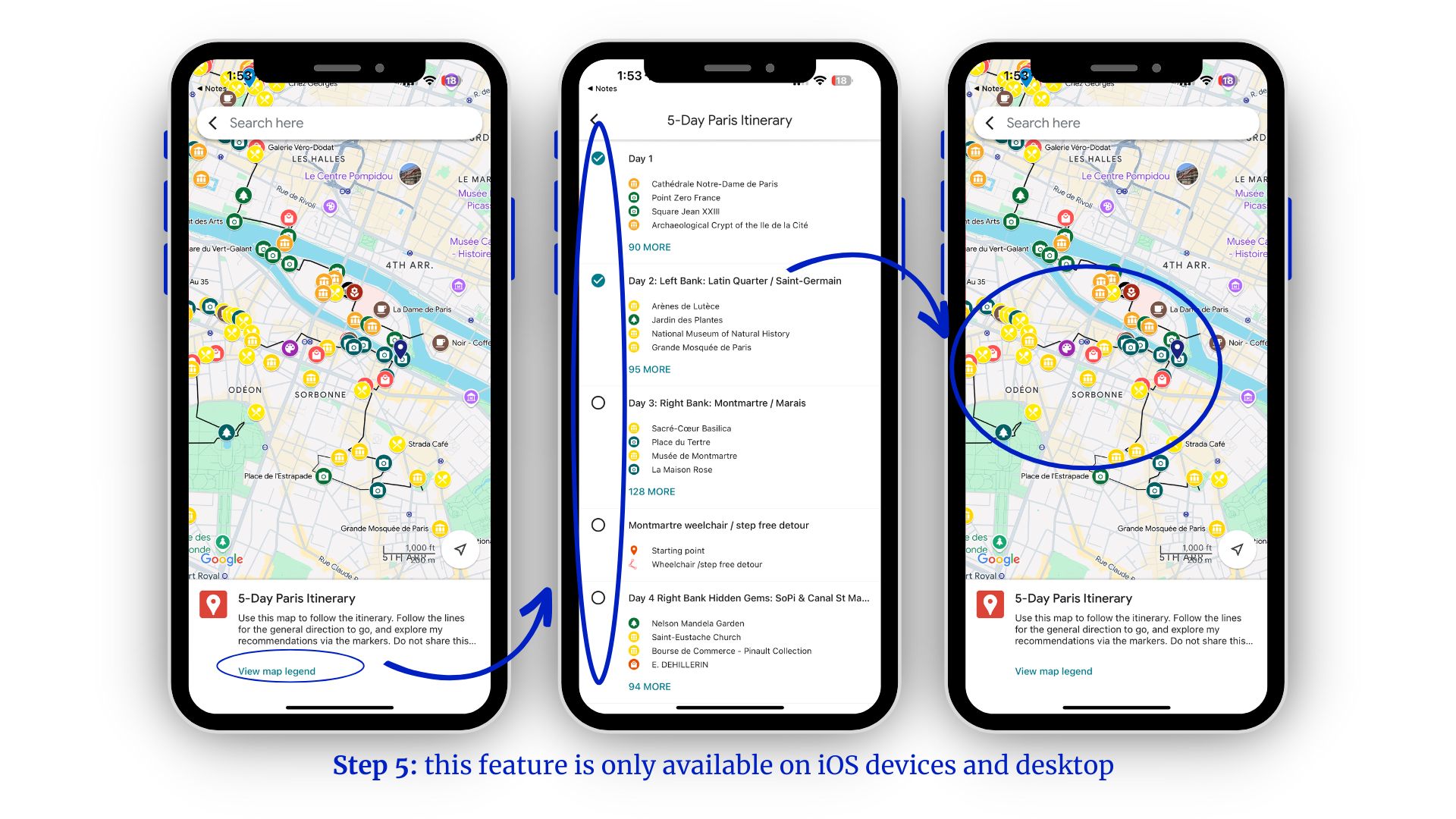 This is an image of our Google Maps app with directions on how to toggle between days and map layers to best use our digital guide.