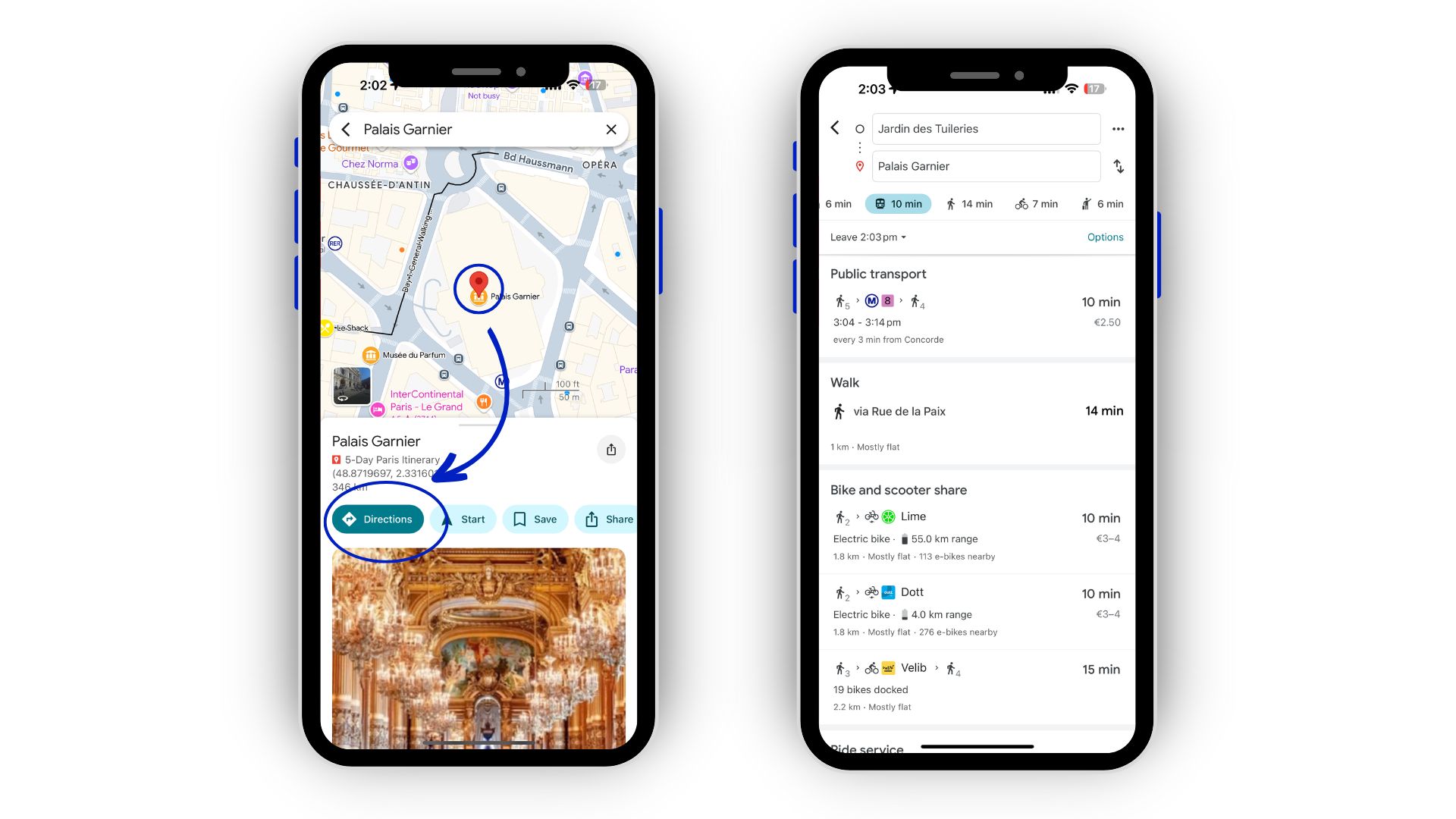 This is an image showing you how to get directions to a pin on the map.