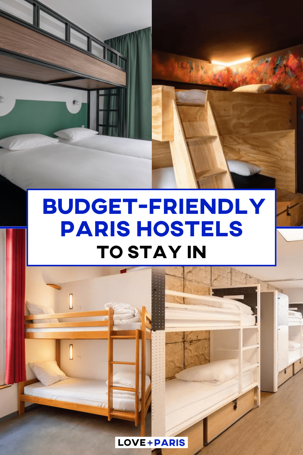 This is a pinterest pin of hostels in paris in a grid format.