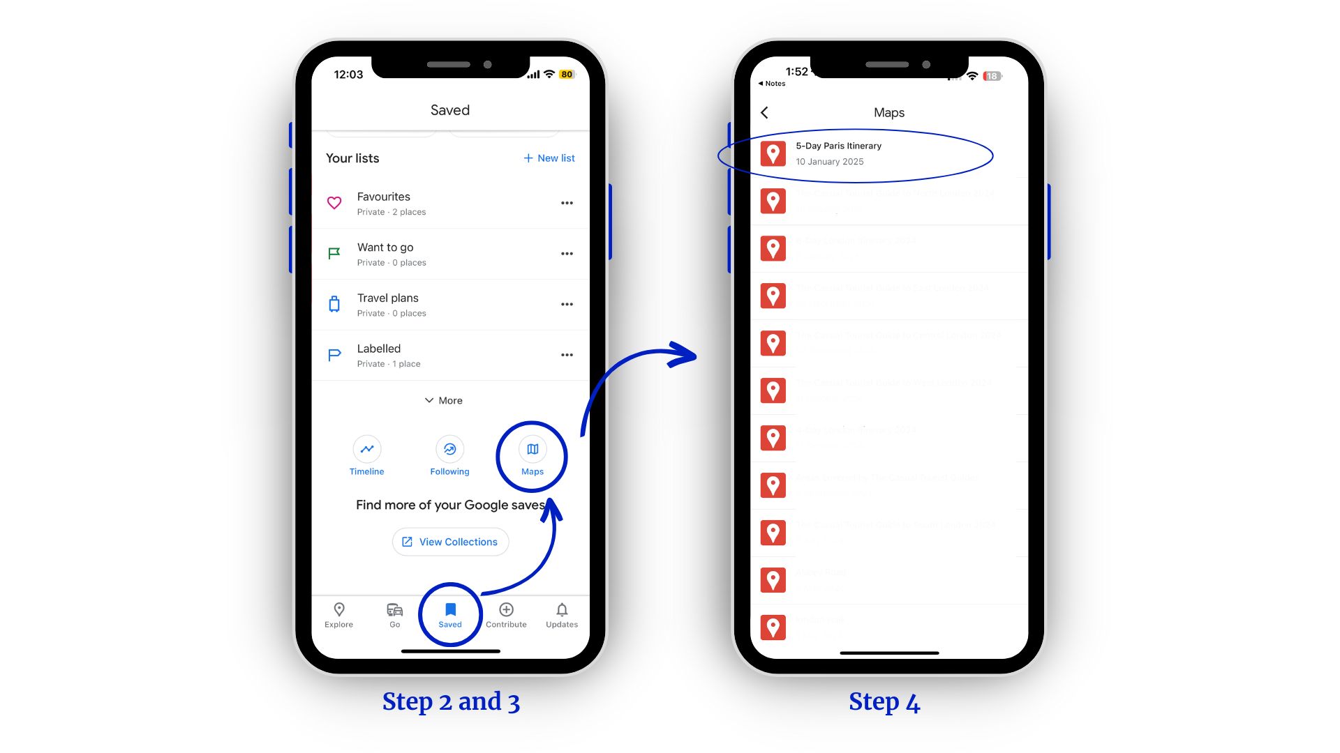 This is an image of the Google Maps home page in the app, and it has an arrow to show that you should click on the 'saved' part of the map to access your saved maps.