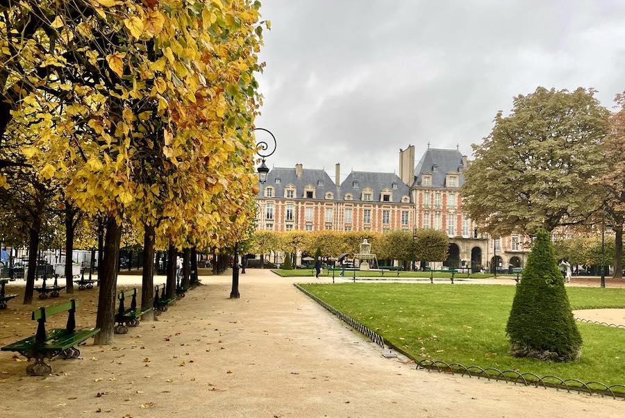 This is an image of a cute park square with a patch of green grass in front of a regal building and trees that are turning yellow.