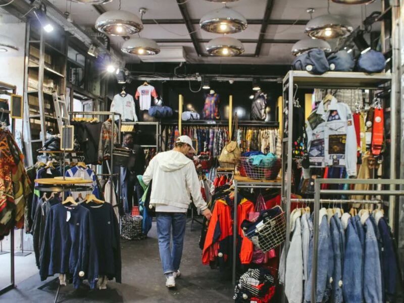 This is an image of a large vintage shop with plenty of clothes neatly hung around.