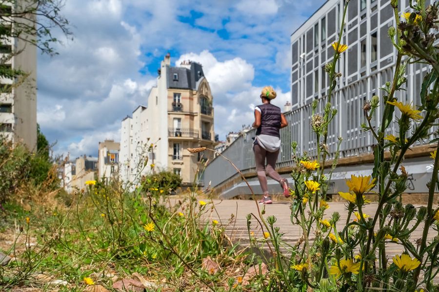 What to do in Paris During the Olympics: This is a picture of a converted railway track that is now a running track with a runner on it.