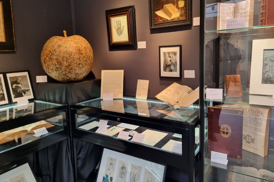 Best literary spots in Paris: This is an image of a museum full of stories and old photos. They are all in glass cases for protection.
