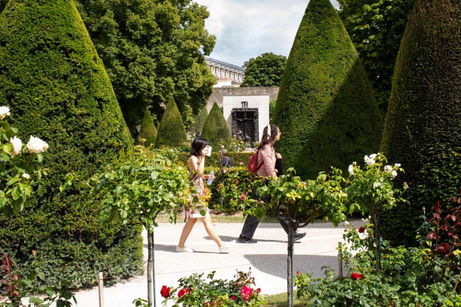 This is an image of a beautiful rose garden with people walking through it.