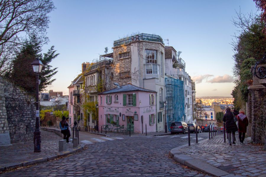 This is an image of La Maison Rose on one of the hills in Montmartre overlooking the city.