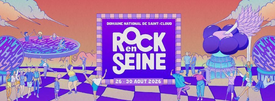 Colourful illustrated poster for Rock en Seine festival at Domaine National de Saint-Cloud, 26–30 August 2026