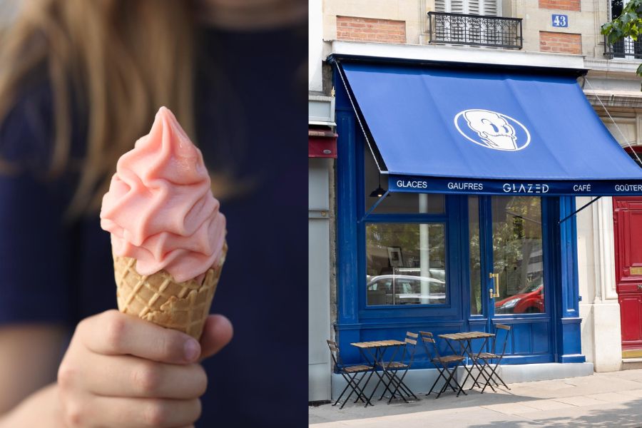 A pink soft-serve ice cream cone outside the blue-fronted Glazed shop in Paris