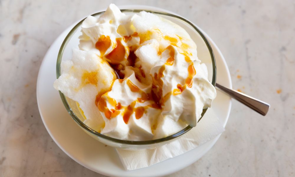 This is an image of a plate of pudding with whipped cream and caramel.