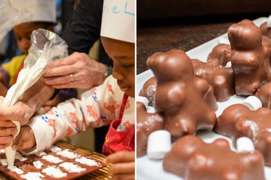 This is an image of a young child piping filling into a teddy bear chocolate mould. To the right, you see the final product.