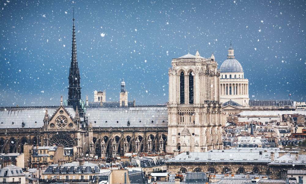 This is an image of Paris in winter. You can see some iconic buildings and a light now falling on them.