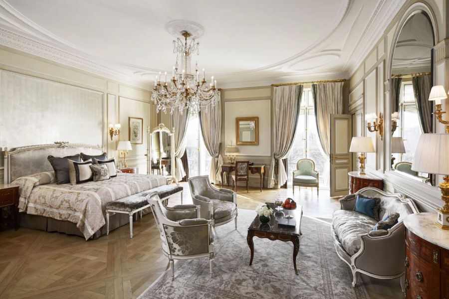 This is an image of a fancy hotel room in Paris.
