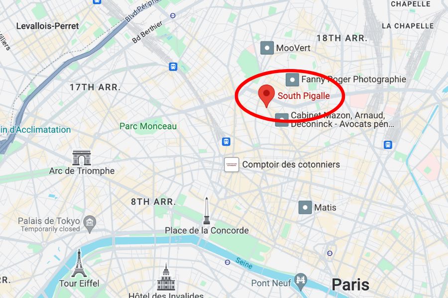 This is an image of a map showing the location of South Pigalle with the area of interest defined by a red outline.