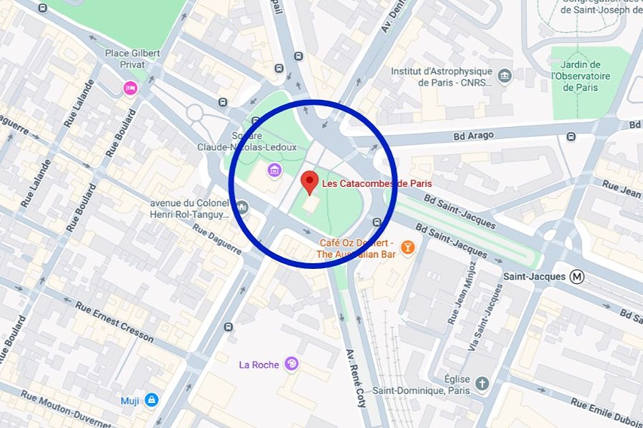 Map showing the location of Les Catacombes de Paris, marked with a red pin and blue circle near Boulevard Saint-Jacques and Avenue René Coty.