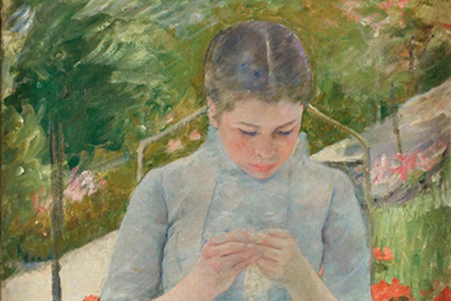 Mary Cassatt painting of a young woman in a pale blue dress sewing, seated in a garden with a wrought-iron chair, surrounded by pink flowers and greenery.