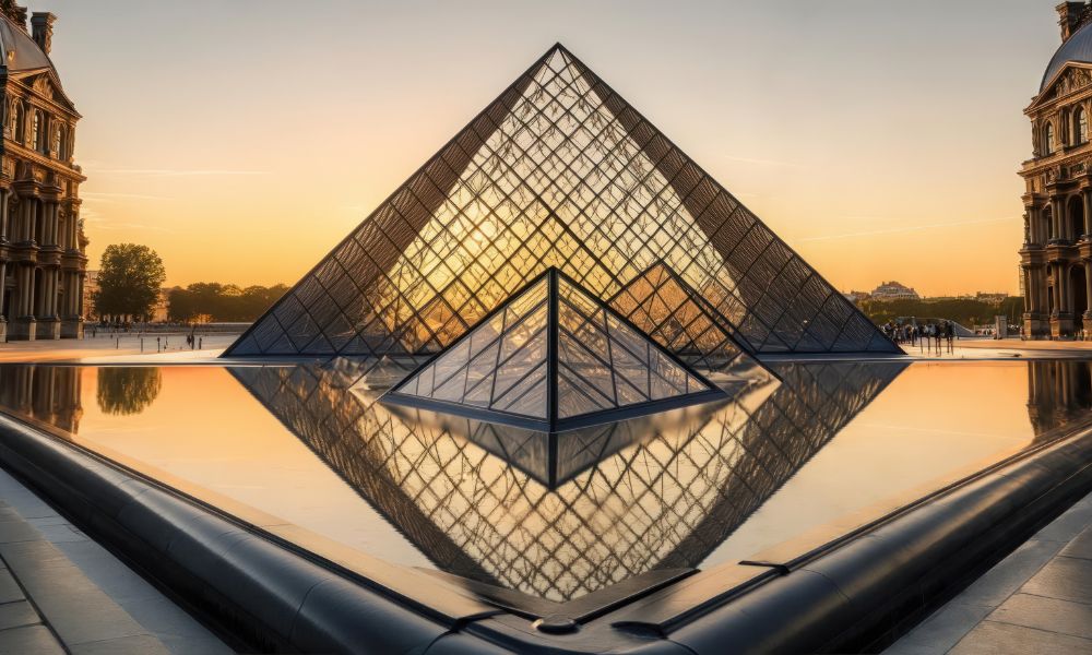 This is an image of the Louvre building with a sunset in the backdrop.